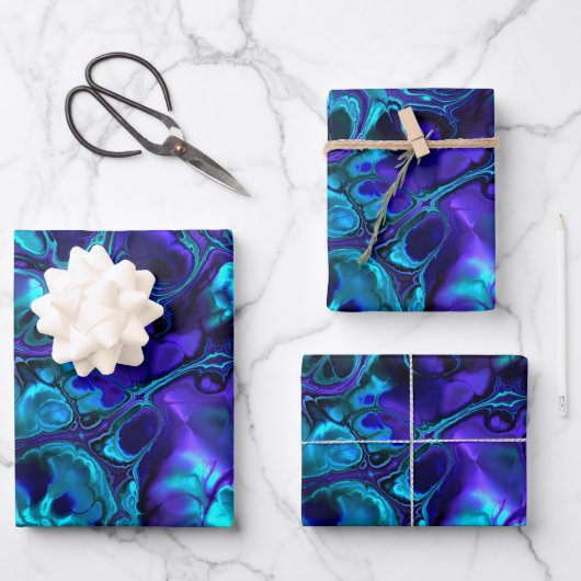 Groovy Boho青モノク鮮やかルフラクタル大理石 ラッピングペーパーシート (正面)