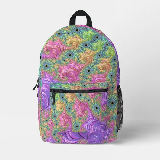 Groovy Boho Jewel Tone Rainbow Fractal プリントバックパック (正面)