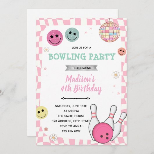 Groovy bowling party invitation 招待状 (正面/裏面)