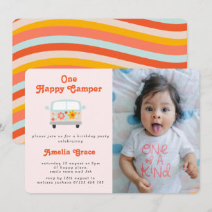 Groovy Camper Van Girls 1stバースデーフォト 招待状
