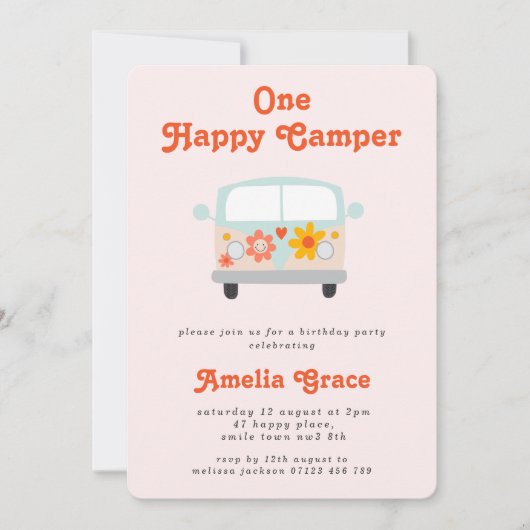 Groovy Camper Van Girls 1st Birthday 招待状 (正面)