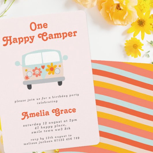 Groovy Camper Van Girls 1st Birthday 招待状