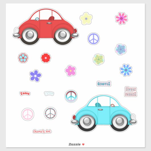 Groovy Cars Peace Love and Flowers シール (シート)