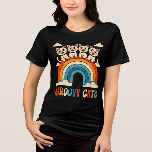 Groovy Cats Retro Rainbow Design トライブレンドＴシャツ (正面)