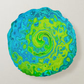 Groovy ChartreuseとAquamarine液体スワール ラウンドクッション (裏面)