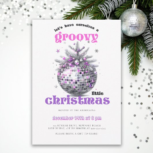 Groovy Christmas Disco Ball Pink Christmas Party 招待状