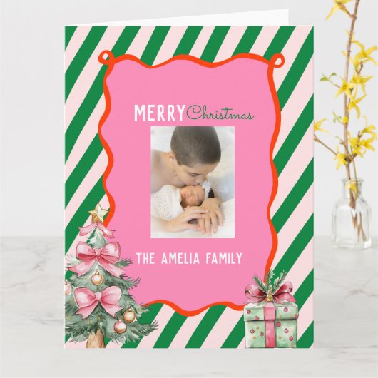 Groovy Christmas Tree Doodle Photo  カード (黄色い花)