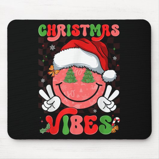 Groovy Christmas Vibes Smile Face Santa Hat Xmas M マウスパッド (正面)