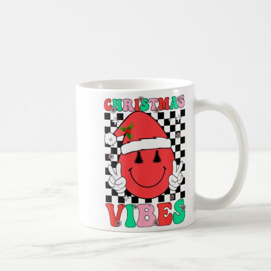 Groovy Christmas Vibes Smile Face Santa Hat Xmas T コーヒーマグカップ (右)