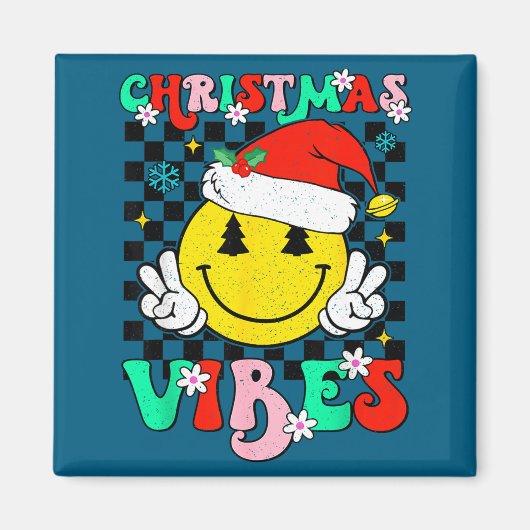 Groovy Christmas Vibes Smile Face Santa Hat Xmas T マグネット (正面)