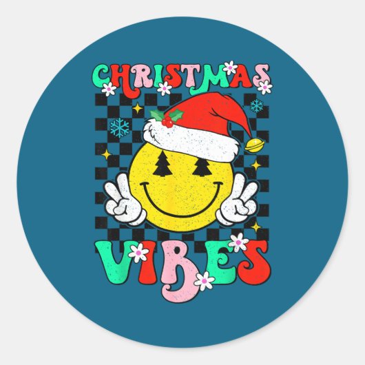 Groovy Christmas Vibes Smile Face Santa Hat Xmas T ラウンドシール (正面)