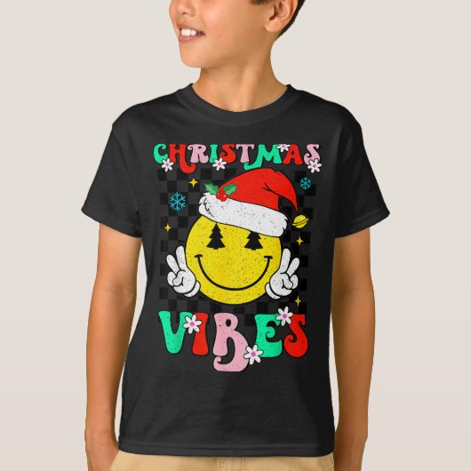 Groovy Christmas Vibes Smile Face Santa Hat Xmas T Tシャツ (正面)