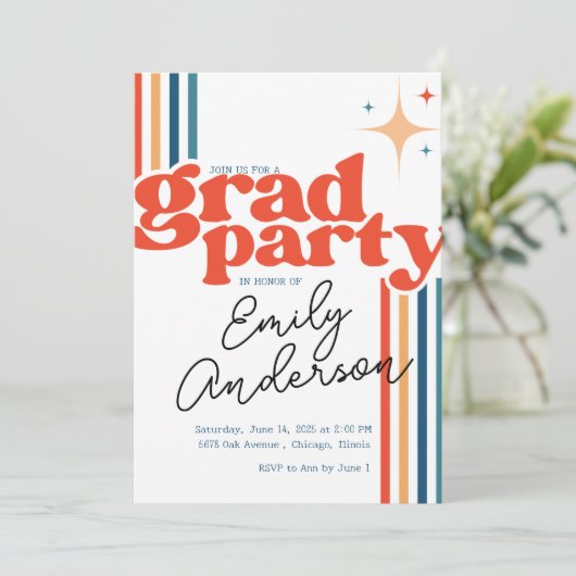 Groovy colorful grad card with graduation  招待状 (スタンド正面)