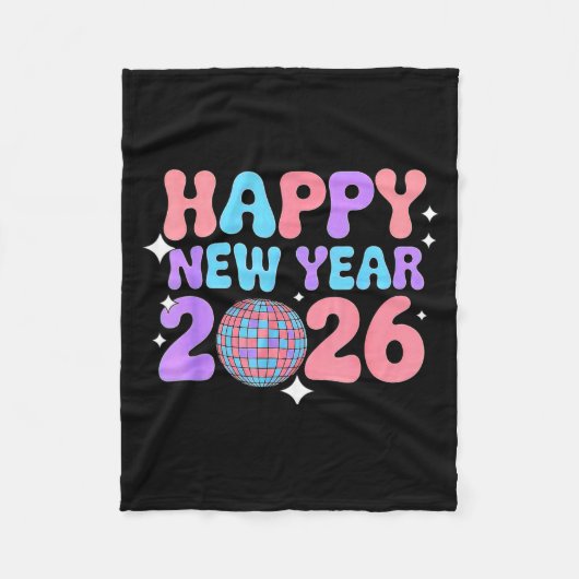 Groovy Cute Happy New Year 2026 Disco Ball フリースブランケット (正面)