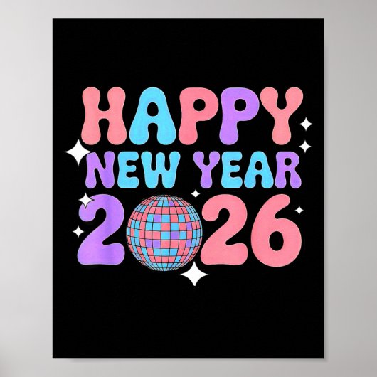 Groovy Cute Happy New Year 2026 Disco Ball  ポスター (正面)