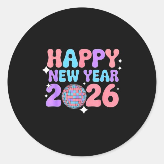 Groovy Cute Happy New Year 2026 Disco Ball ラウンドシール (正面)