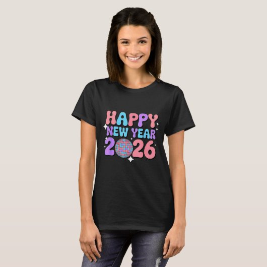 Groovy Cute Happy New Year 2026 Disco Ball  Tシャツ (正面フル)