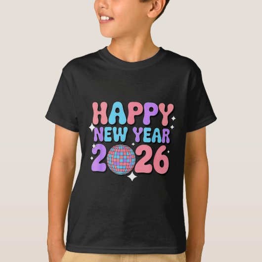 Groovy Cute Happy New Year 2026 Disco Ball  Tシャツ (正面)