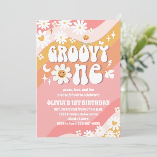 Groovy Daisy 1st Birthday Invitation 招待状 (スタンド正面)