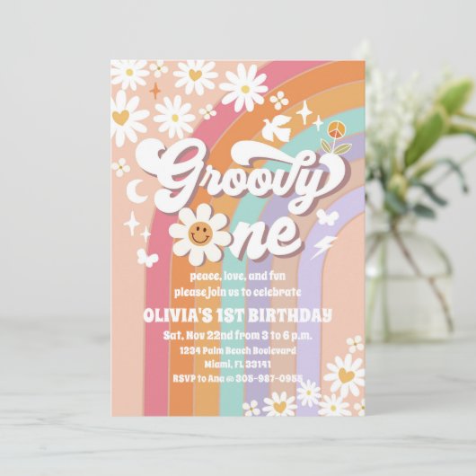 Groovy Daisy Rainbow 1st Birthday Invitation 招待状 (スタンド正面)