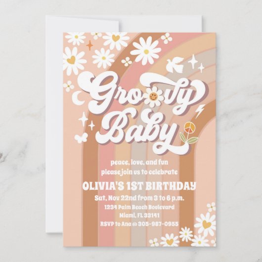 Groovy Daisy Rainbow Birthday Invitation 招待状 (正面)