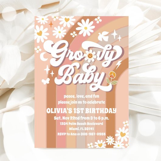 Groovy Daisy Rainbow Birthday Invitation 招待状