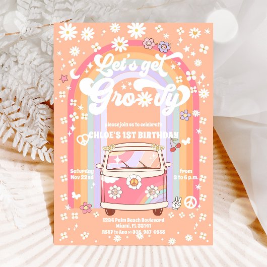 Groovy Daisy Retro Birthday Invitation 招待状