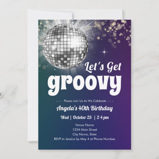 Groovy Discoダンスパーティー40th Birthday 招待状 (正面)