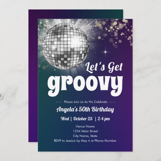 Groovy Discoダンスパーティー50th誕生日招待状 招待状 (正面/裏面)