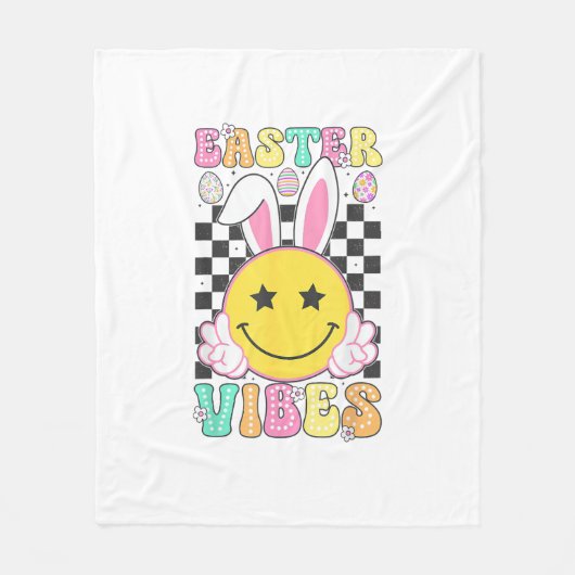 Groovy Easter Vibes Bunny Easter Day Smile Face Gi フリースブランケット (正面)