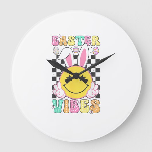Groovy Easter Vibes Bunny Easter Day Smile Face Gi ラージ壁時計 (正面)