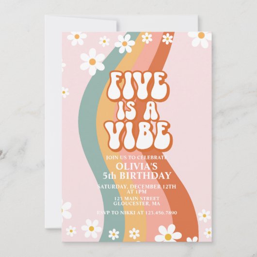 Groovy FiveはVibeデイジーレインボー5歳の誕生日I 招待状 (正面)