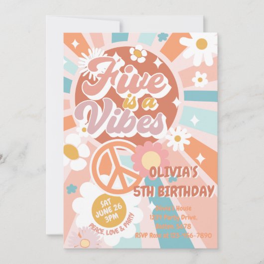 Groovy FiveはVibeレトロサンシャイン5th誕生日 招待状 (正面)