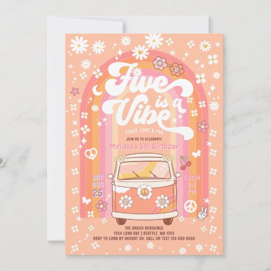 Groovy FiveはVibe Van Bus 5番目の誕生日 招待状 (正面)