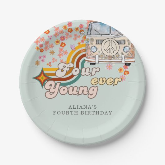 Groovy Foureverヤングデイジーファン4歳の誕生日 ペーパープレート (正面)