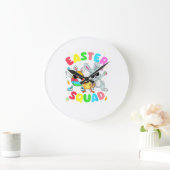 Groovy Funny Rabbit Egg Chick Easter Squad Day Men ラージ壁時計 (ホーム)