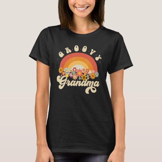 Groovy Grandma Retro Rainbow Colorful Flowers Desi Tシャツ (正面)