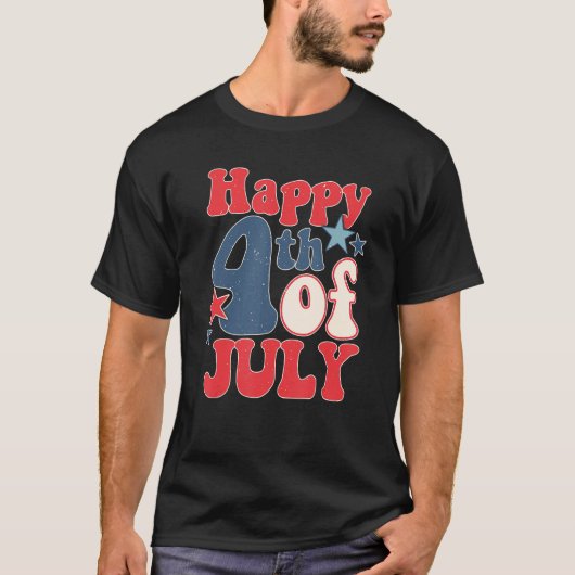 Groovy Happy 4th Of July US Flag American 4th Of J Tシャツ (正面)