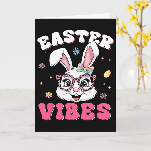 Groovy Happy Easter Cute Bunny Rabbit Face Womens  カード (黄色い花)