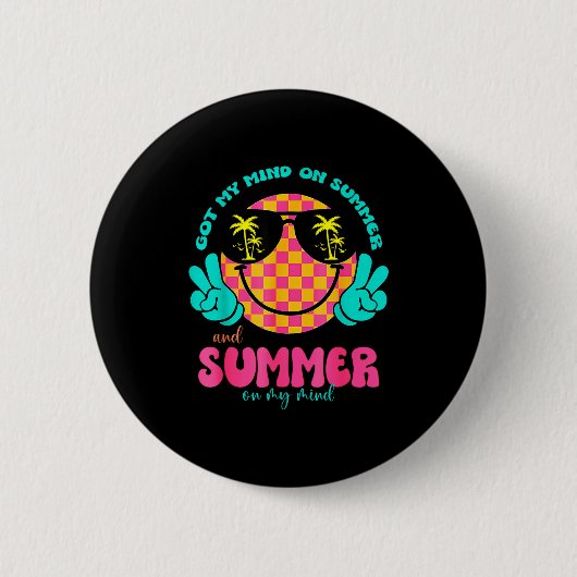 Groovy Happy Face Summer Vibes Got My Mind On Summ 缶バッジ (正面)
