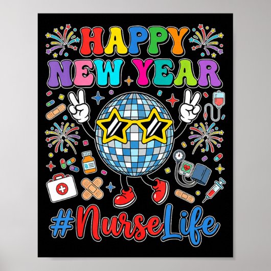 Groovy Happy New Year 2026 Nurse Life Disco Ball F ポスター (正面)