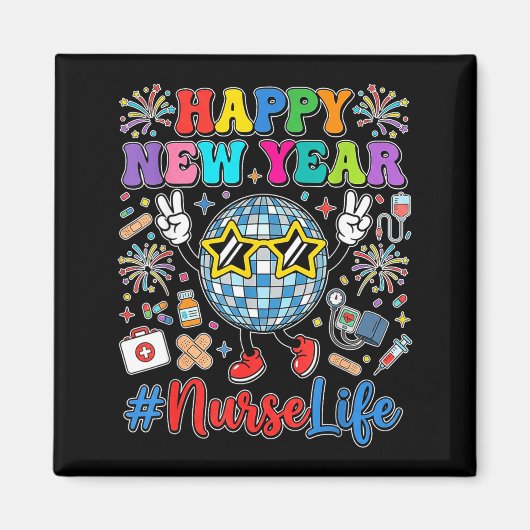 Groovy Happy New Year 2026 Nurse Life Disco Ball F マグネット (正面)