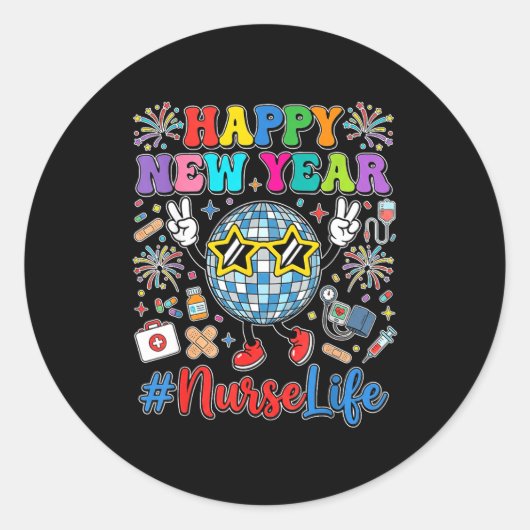 Groovy Happy New Year 2026 Nurse Life Disco Ball F ラウンドシール (正面)