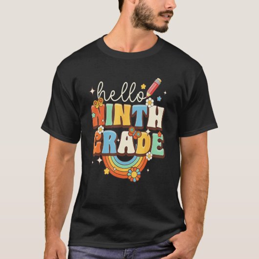 Groovy Hello Ninth Grade Vibes Retro Teacher Back  Tシャツ (正面)