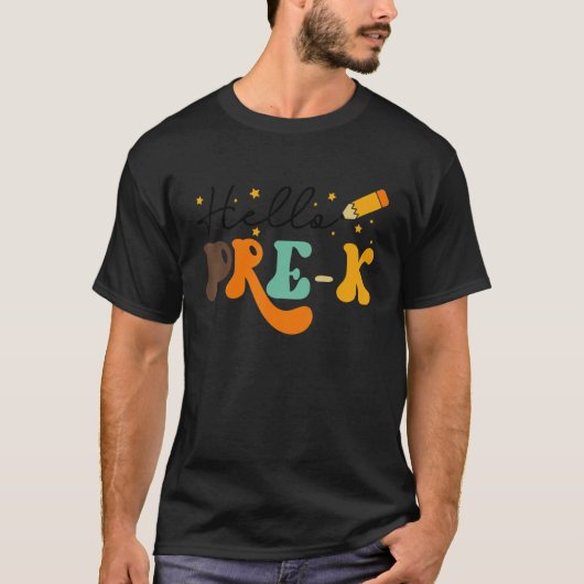Groovy Hello Pre K Vibesレトロ先生戻る Tシャツ (正面)