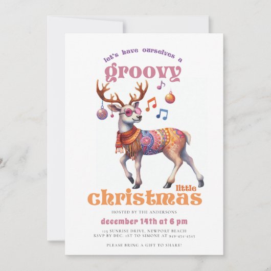 Groovy Hippieトナカイおもしろいディスコのクリスマスパーティー 招待状 (正面)