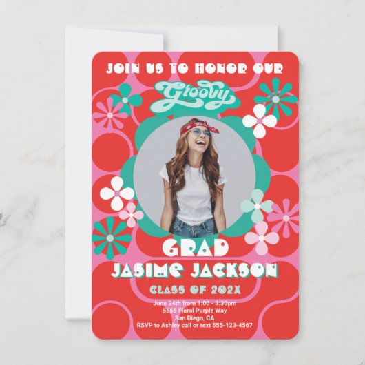 Groovy Hippieフラワーパワーフォト卒業パーティー 招待状 (正面)