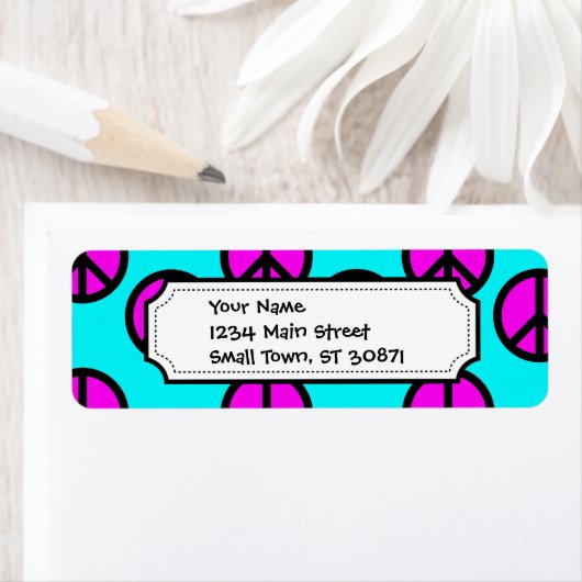 Groovy Hippie10代のティール（緑がかった色）とパープルピースサイン ラベル (インサイチュ)