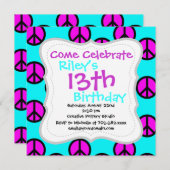 Groovy Hippie10代のティール（緑がかった色）とパープルピースサイン 招待状 (正面/裏面)