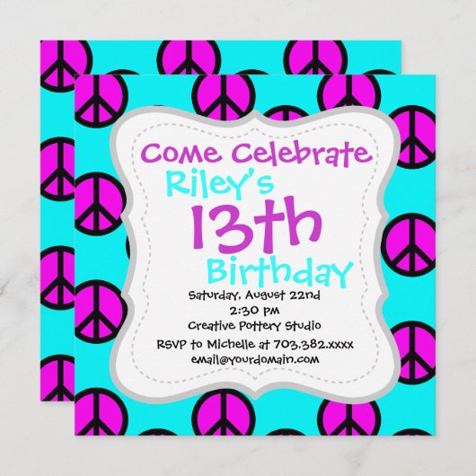 Groovy Hippie10代のティール（緑がかった色）とパープルピースサイン 招待状 (正面/裏面)